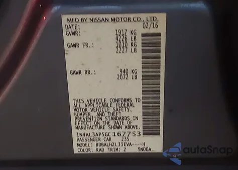 2016 Nissan Altima 2.5 Sr z USA, uszkodzony, nr VIN 1N4AL3AP5GC167753